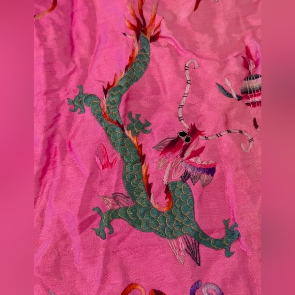 RARE Child Shanghai Embroidered Robe Cape Vintage Satin Dragon Fur Trim Pink - Picture 7 of 16